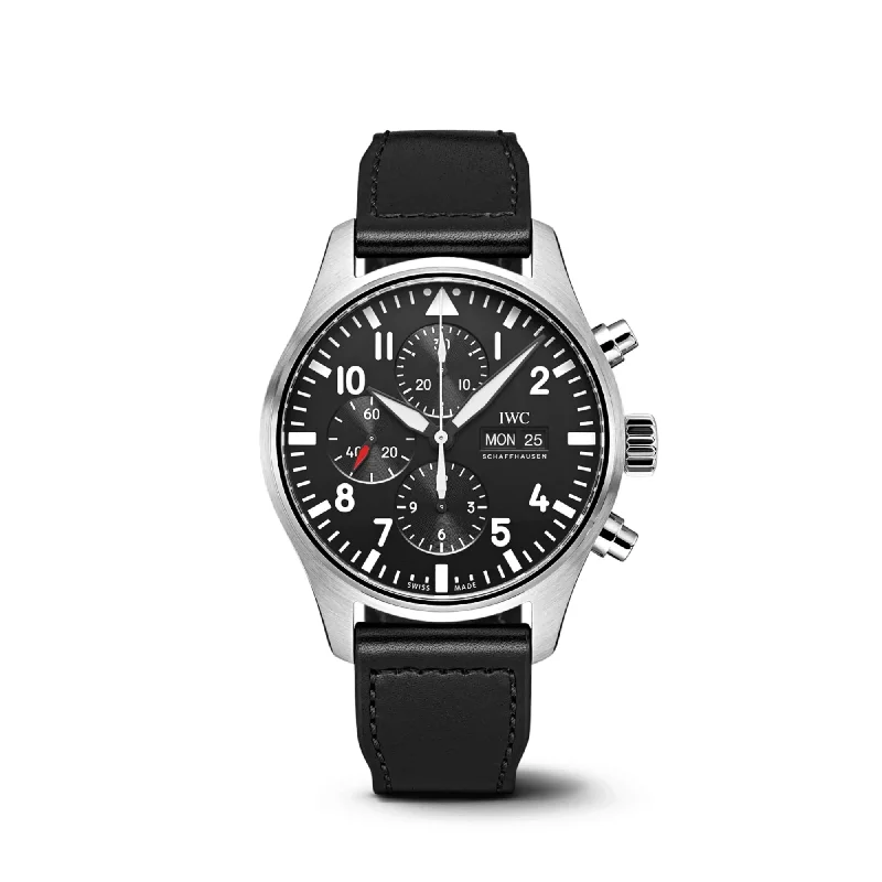 IWC Pilot Chronograph Black Dial Black Leather 43mm-IWC Watch with Advanced Timekeeping Technology -