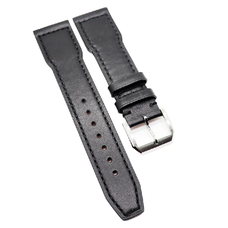 20mm, 21mm Pilot Style Black Calf Leather Watch Strap For IWC, Semi Square Tail-IWC Watch with Complicated Movements -