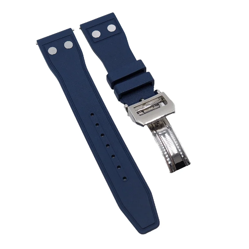 20mm, 21mm, 22mm Pilot Style Navy Blue FKM Rubber Watch Strap For IWC, Rivet Lug, Semi Square Tail, Quick Release Spring Bars-IWC Watch with Diamond-Like Coating -