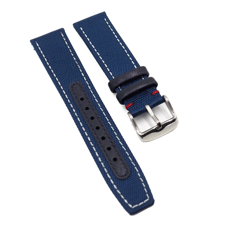 20mm, 21mm, 22mm Navy Blue Nylon Watch Strap For IWC, White Stitching-IWC Watch with Chronograph -