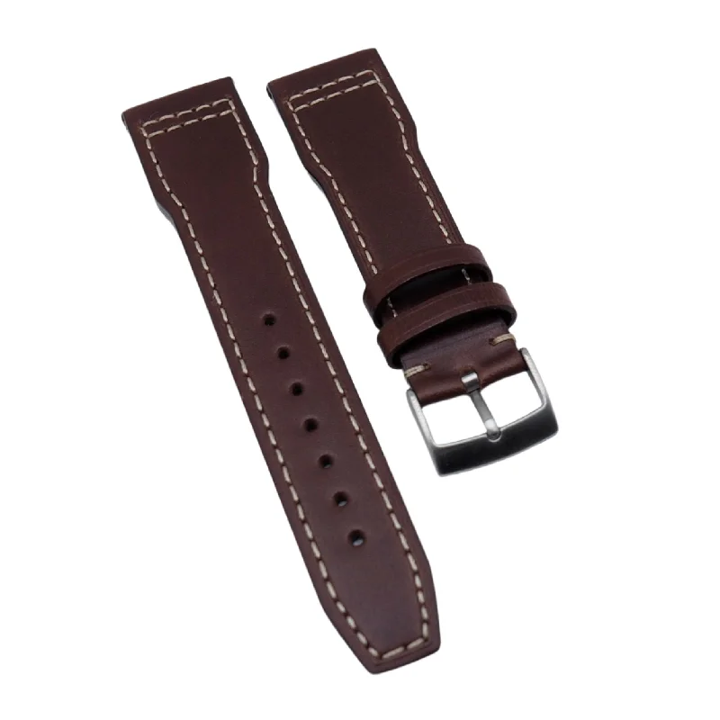 20mm, 21mm Pilot Style Pecan Brown Italian Calf Leather Watch Strap For IWC, Cream Stitching, Semi Square Tail-IWC Watch for Investment -