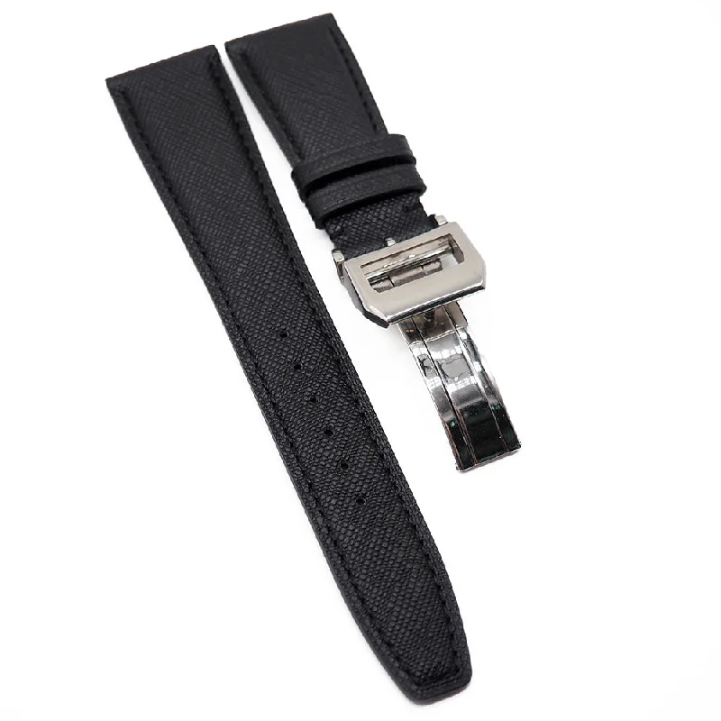 22mm Black Cross-Embossed Calf Leather Watch Strap For IWC-IWC Watch for Discerning Clients -