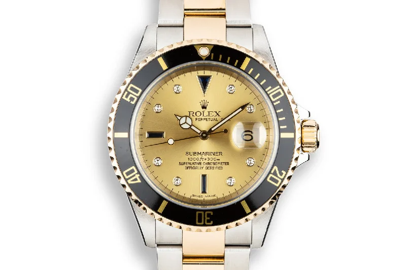 2005 Rolex Two-Tone Submariner 16613 Champagne Serti Dial with Box and Papers-Rolex Watch with Gold and Steel Case -