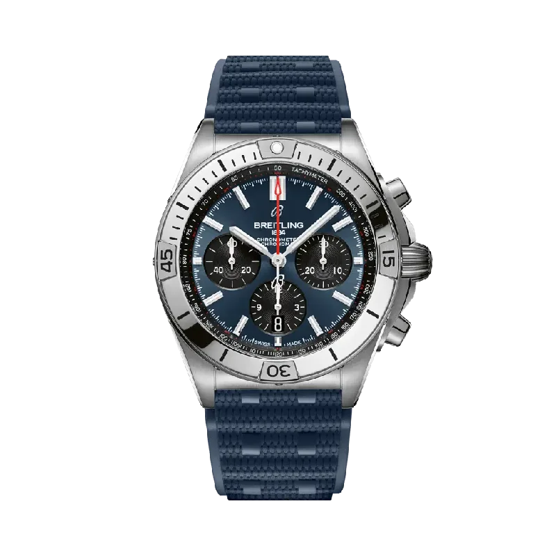 Breitling Chronomat B01 42mm Blue & Black Dial Stainless Steel Blue Rubber Strap AB0134101C1S1-Breitling Watch with Signature Chronograph Design -