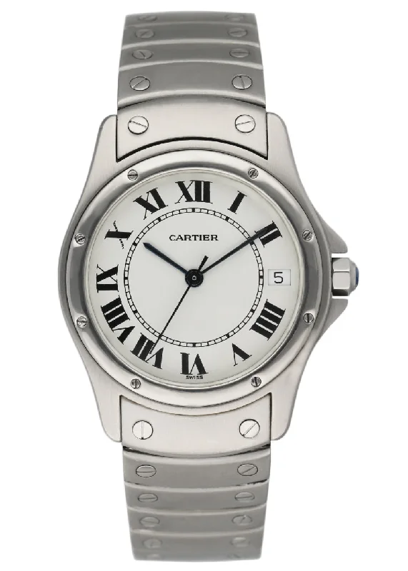 Cartier Cougar 1920/1 Steel White Dial Automatic Mens Watch-Cartier Watch with Swiss Chronograph Movement -