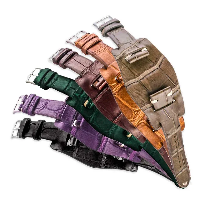 Bracelet bund vintage - Bracelet-montre cuir - Alligator (noir, marron, vert, kaki, violet)-IWC Watch with Modern Design -