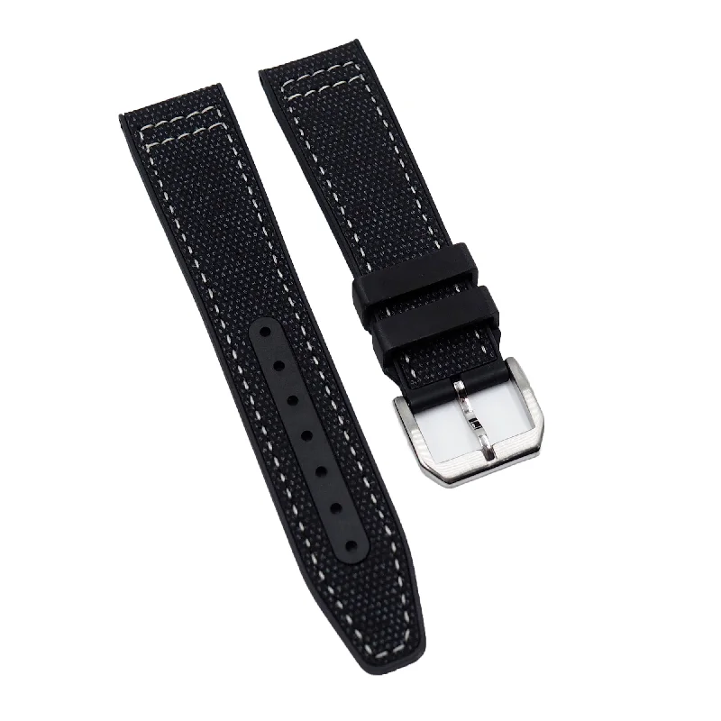 20mm, 21mm Pilot Style Hybrid Black Nylon FKM Rubber Watch Strap For IWC, White Stitching, Semi Square Tail-IWC Portofino Watch -