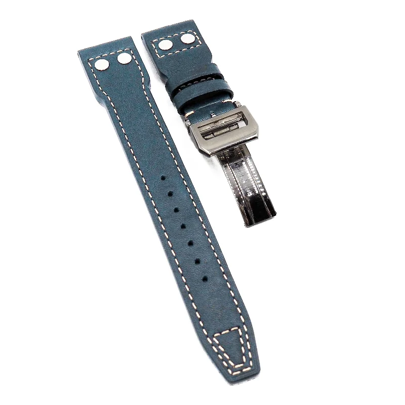 22mm Pilot Style Prussian Blue Calf Leather Watch Strap For IWC, Rivet Lug, Semi Square Tail-IWC Watch with Titanium Case and Bezel -