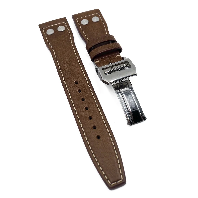 21mm Pilot Style Bark Brown Calf Leather Watch Strap For IWC, Rivet Lug, Semi Square Tail-IWC Watch for Limited-Edition Buyers -