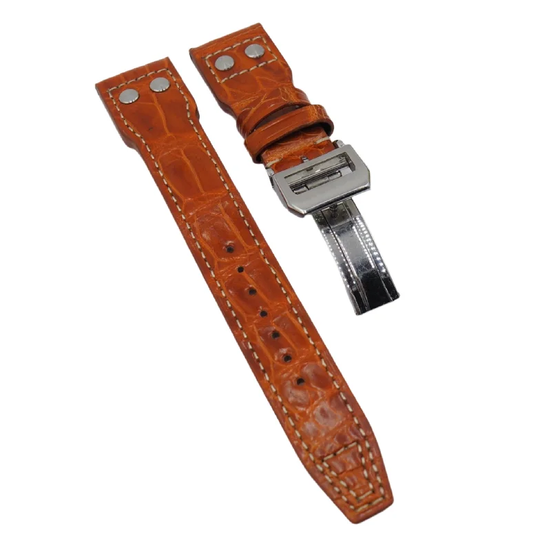 22mm Big Pilot Style Orange Alligator Leather Watch Strap For IWC, Cream Stitching, Rivet Lug, Semi Square Tail-IWC Watch for Collector’s Edition -