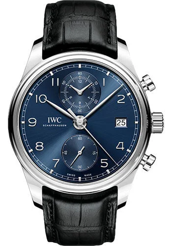 IWC Portugieser Chronograph Classic Watch - 42 mm Stainless Steel Case - Blue Dial - Black Alligator Strap - IW390303-IWC Watch with Exhibition Caseback -