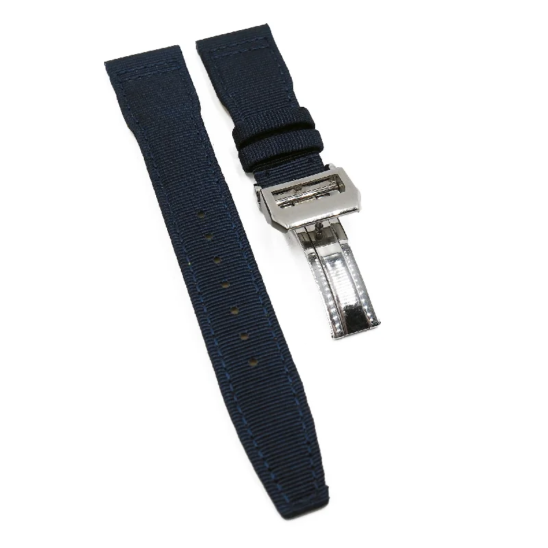 21mm Pilot Style Horizontal Grain Denim Blue Canvas Watch Strap For IWC, Semi Square Tail-IWC Watch with Transparent Caseback -