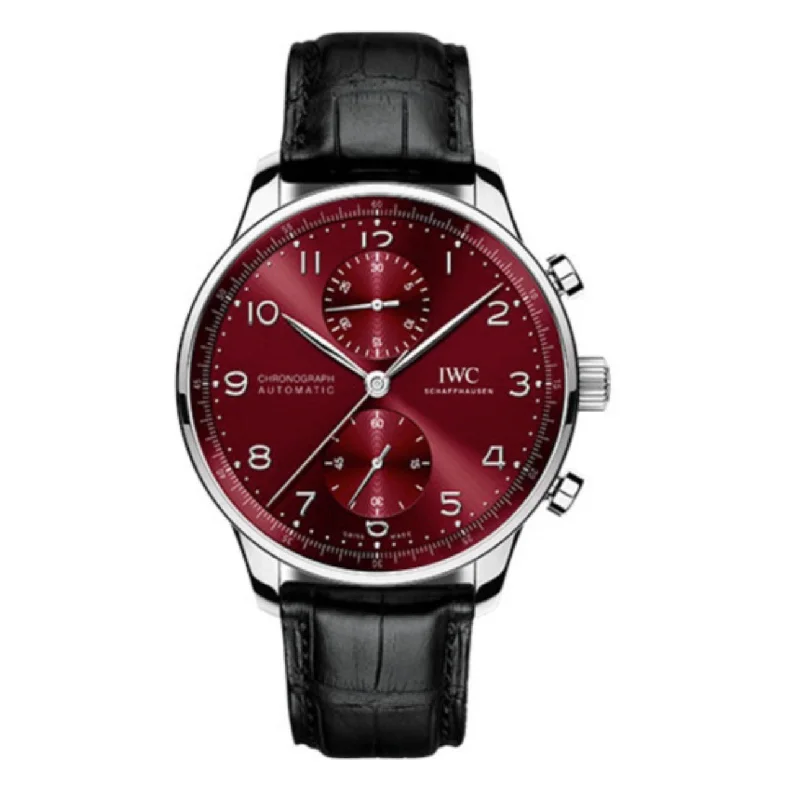 IWC Portugieser 41mm - Ref: IW371616 - Burgundy Chronograph Dial, Black Alligator Leather Strap-IWC Watch with 300M Water Resistance -