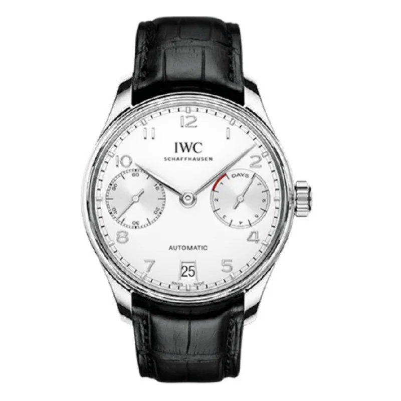 IWC Portugieser 42.3mm - Ref: IW500712 - White Chronograph Dial, Black Alligator Leather Strap-IWC Watch with Dual Time Zone Function -