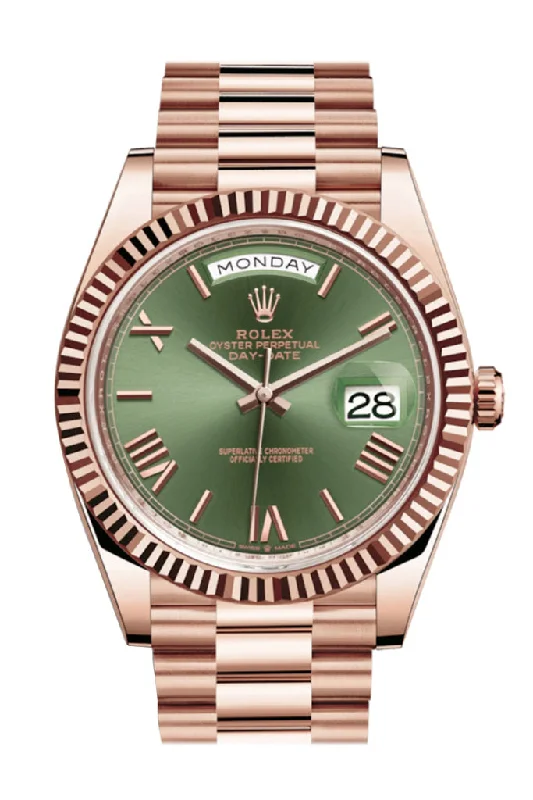 Rolex Day-Date 40 Olive Green Roman Dial Fluted Bezel 18K Everose gold President Automatic Men's Watch 228235-Rolex Watch with Chronometer Certification -