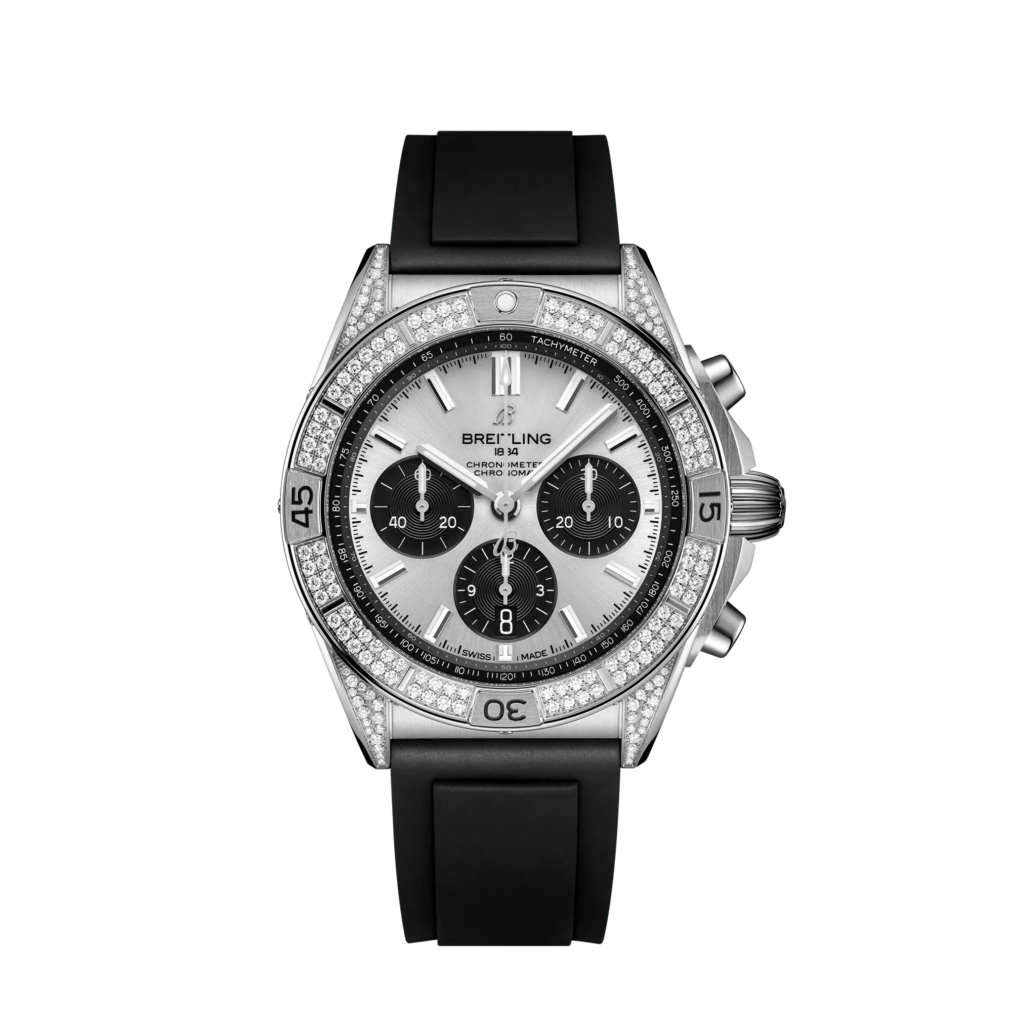 Breitling Chronomat B01 42 mm Silver and Black Dial Stainless Steel (Gem-Set) Black Rubber Strap AB0134721G1S1-Breitling Watch for High-Impact Sports -