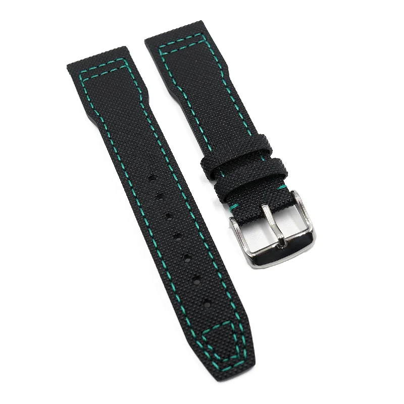 21mm Pilot Style Black Fiber Watch Strap For IWC, Aqua Blue Stitching, Semi Square Tail-IWC Watch for Rare Collecting -