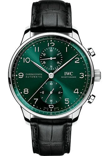 IWC Portugieser Chronograph - Stainless Steel Case - Green Dial - Black Alligator Leather Strap - IW371615-IWC Watch with Power Reserve Indicator -