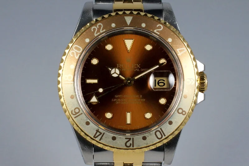 1991 Rolex Two Tone GMT II 16713 Root Beer Dial-Rolex Watch with Original Box and Papers -