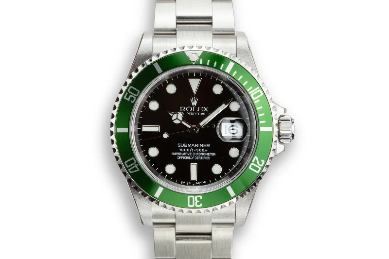 Mint 2003 Rolex Anniversary Green Submariner 16610LV with Box and Papers,Flat 4 Bezel, and Protective Stickers-Rolex Watch with GMT Feature -