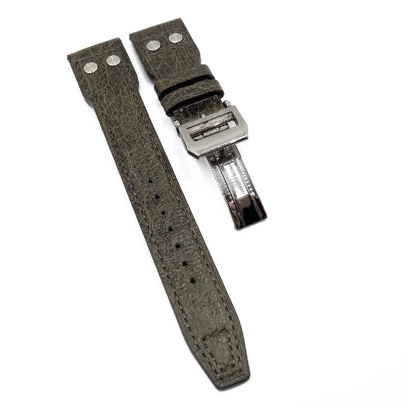 22mm Pilot Style Olive Green Ostrich Leather Watch Strap For IWC, Rivet Lug, Semi Square Tail-IWC Watch for High-End Performance -