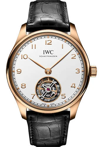 IWC Portugieser Hand-Wound Tourbillon Watch - 18K Armor Gold® Case - Silver-Plated Dial - Black Alligator Leather Strap - IW545801-IWC Watch for Elite Watch Collectors -