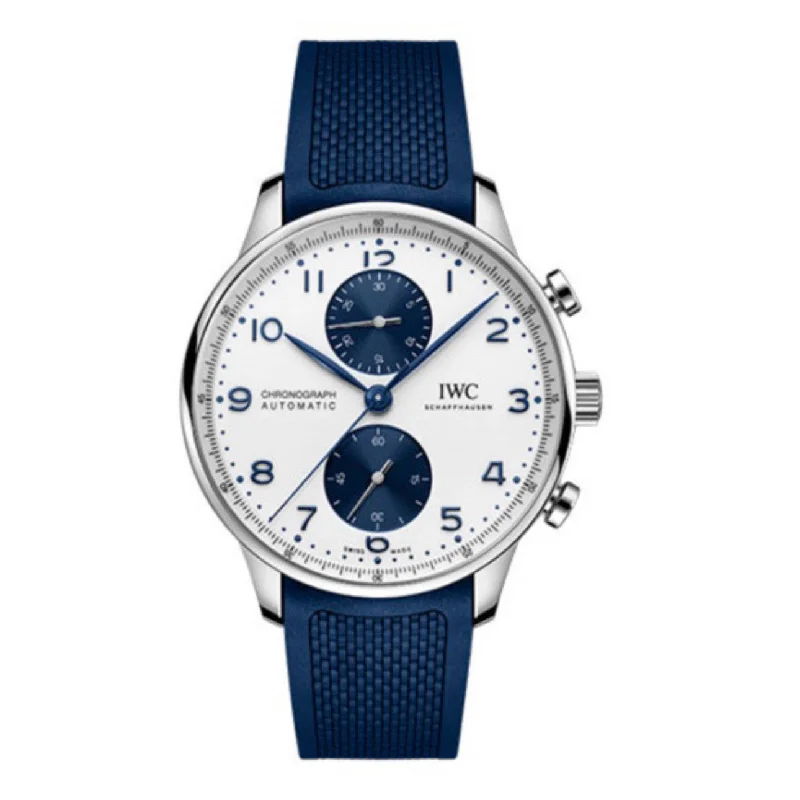 IWC Portugieser 41mm - Ref: IW371620 - White Chronograph Dial, Blue Rubber Strap-IWC Watch with 1000M Water Resistance -