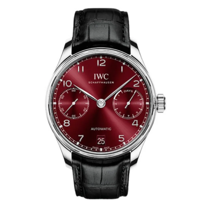 IWC Portugieser 42.3mm - Ref: IW500714 - Burgundy Chronograph Dial, Black Alligator Leather Strap-IWC Watch with Tachymeter -