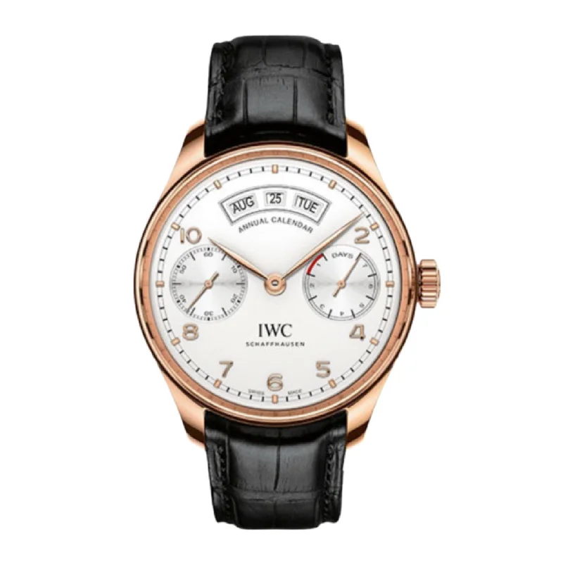 IWC Portugieser 44.2mm - Ref: IW503504 - White Annual Calendar Dial, Black Alligator Leather Strap-IWC Watch with Silver Dial -