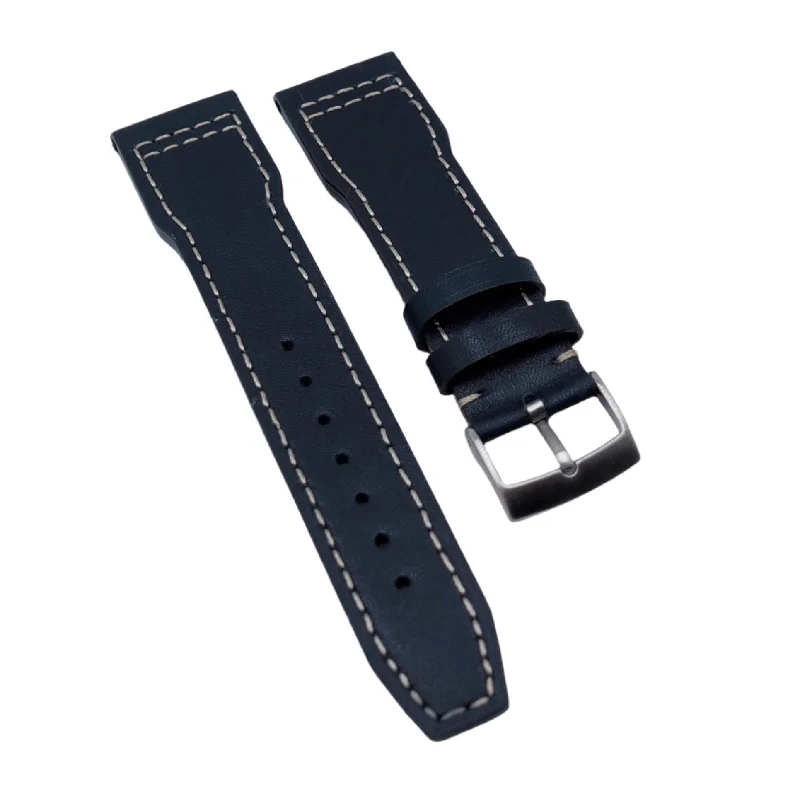 20mm, 21mm Pilot Style Aegean Blue Italian Calf Leather Watch Strap For IWC, Cream Stitching, Semi Square Tail-IWC Watch with Rose Gold and Stainless Steel Case -