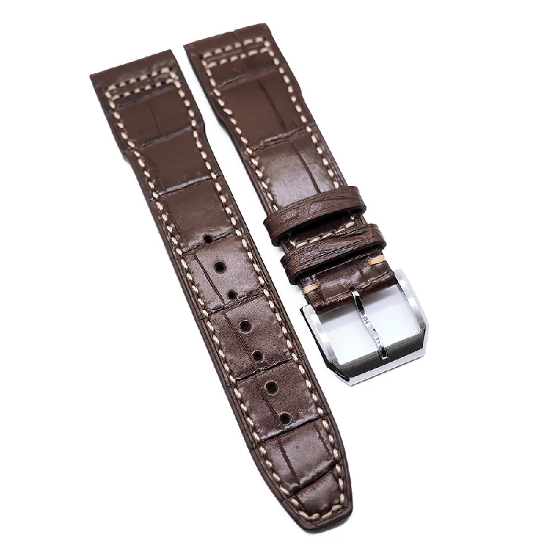 20mm Syrup Brown Alligator Embossed Calf Leather Watch Strap For IWC, Semi Square Tail, White Stitching-IWC Watch for Divers -