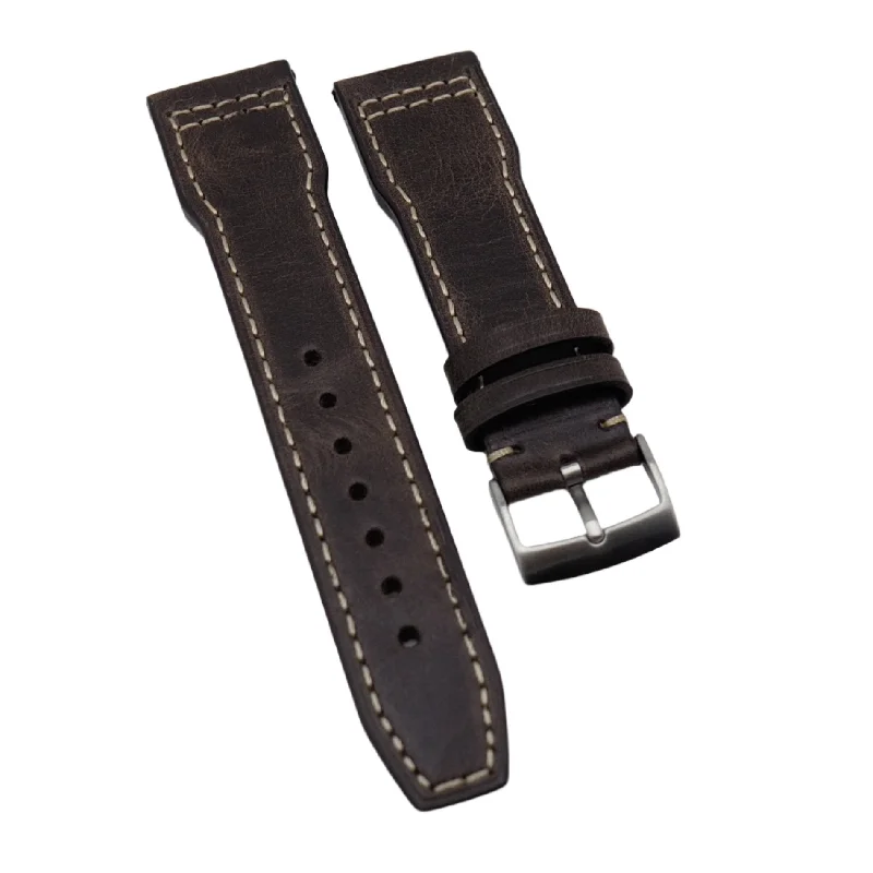 20mm, 21mm Pilot Style Wood Brown Italian Calf Leather Watch Strap For IWC, Cream Stitching, Semi Square Tail-IWC Watch for High-End Gifting -