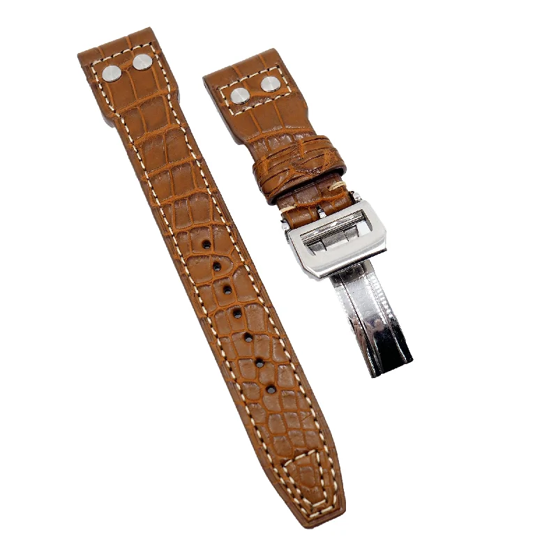 22mm Big Pilot Style Burnt Orange Alligator Leather Watch Strap For IWC, Cream Stitching, Rivet Lug, Semi Square Tail-IWC Watch for Military Style -