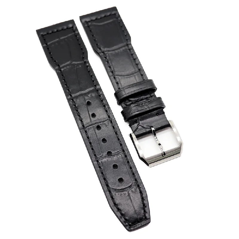 20mm, 21mm, 22mm Black Alligator Embossed Calf Leather Watch Strap For IWC, Semi Square Tail-IWC Watch with Rubber Strap -