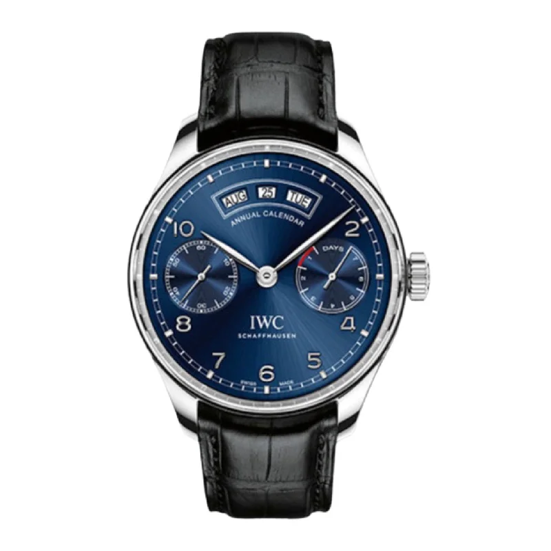 IWC Portugieser 44.2mm - Ref: IW503502 - Blue Chronograph Dial, Black Alligator Leather Strap-IWC Watch with Polished Steel Bracelet -