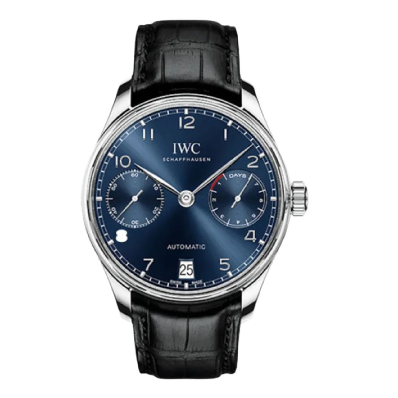 IWC Portugieser 42.3mm - Ref: IW500710 - Blue Chronograph Dial, Black Alligator Leather Strap-IWC Watch with Moonphase -