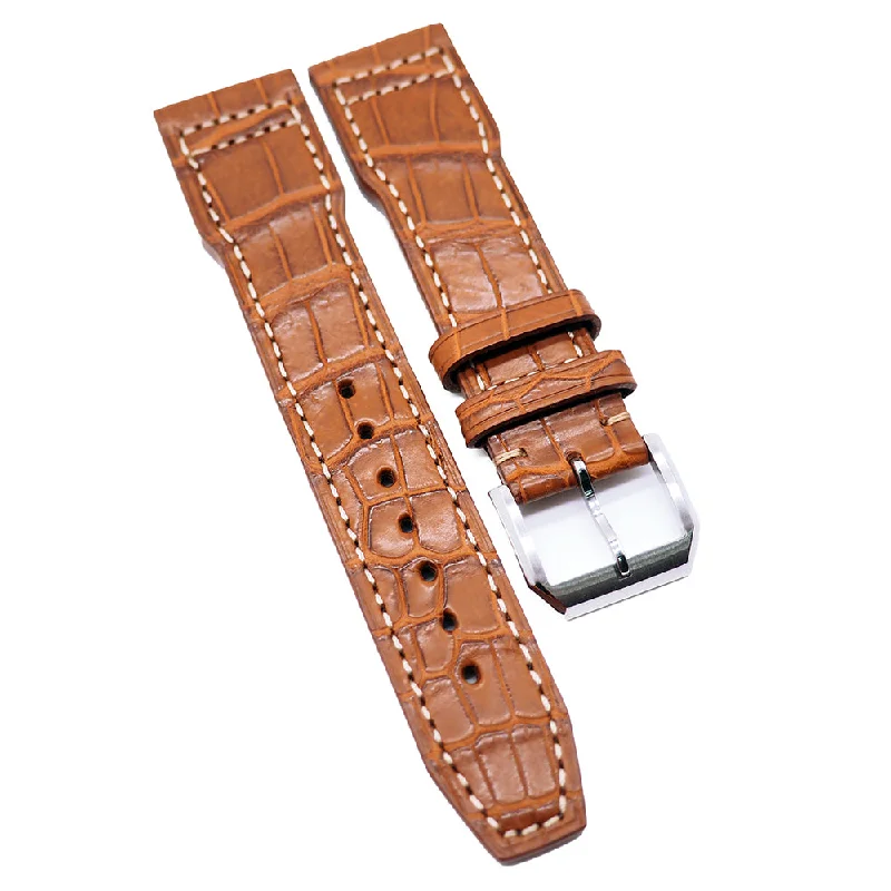 21mm Pilot Style Burnt Orange Alligator Leather Watch Strap For IWC, Semi Square Tail-IWC Watch with Rare Dial Design -