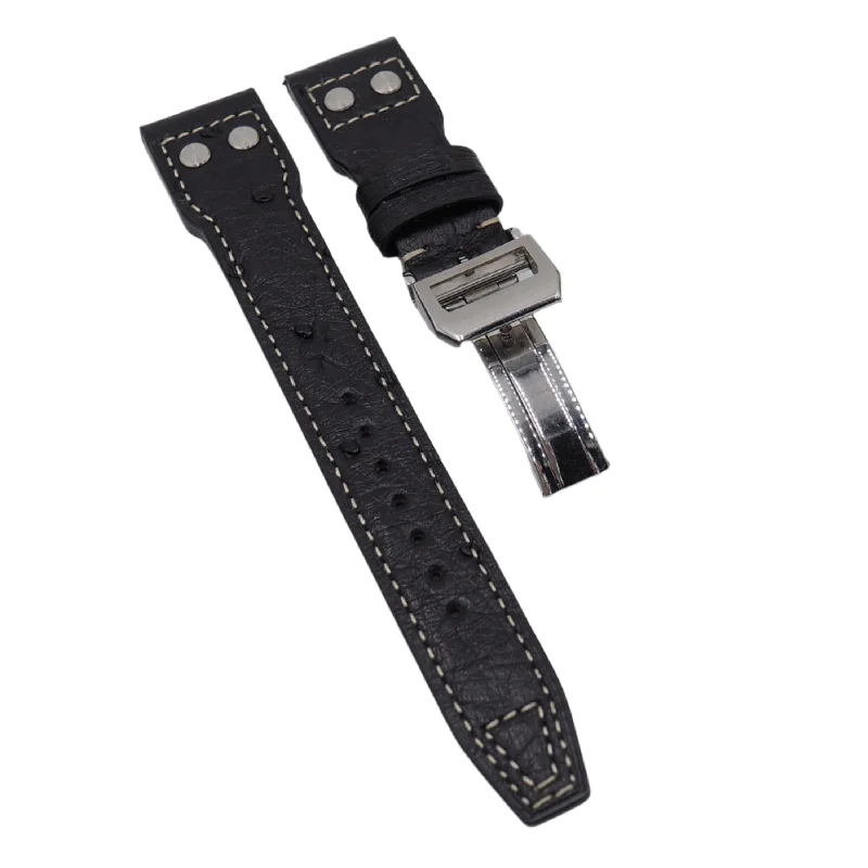 22mm Pilot Style Black Ostrich Leather Watch Strap For IWC, Cream Stitching, Rivet Lug, Semi Square Tail-IWC Watch with Black Leather Strap -