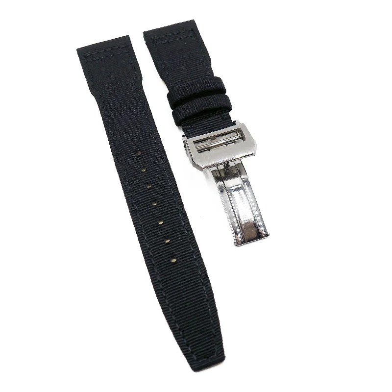 21mm Pilot Style Horizontal Grain Black Canvas Watch Strap For IWC, Semi Square Tail-IWC Watch with Vintage Pilot’s Design -