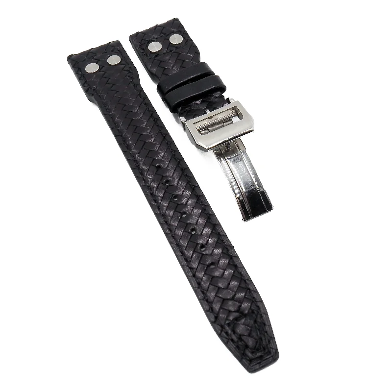 22mm Pilot Style Black Weave Pattern Calf Leather Watch Strap For IWC, Rivet Lug, Semi Square Tail-IWC Watch for Serious Collectors -