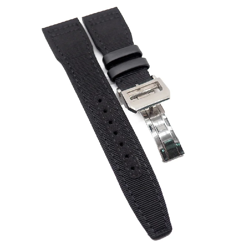 21mm Pilot Style Horizontal Grain Black Canvas Watch Strap For IWC, Semi Square Tail, Version 2-IWC Watch with Dual Time Function -