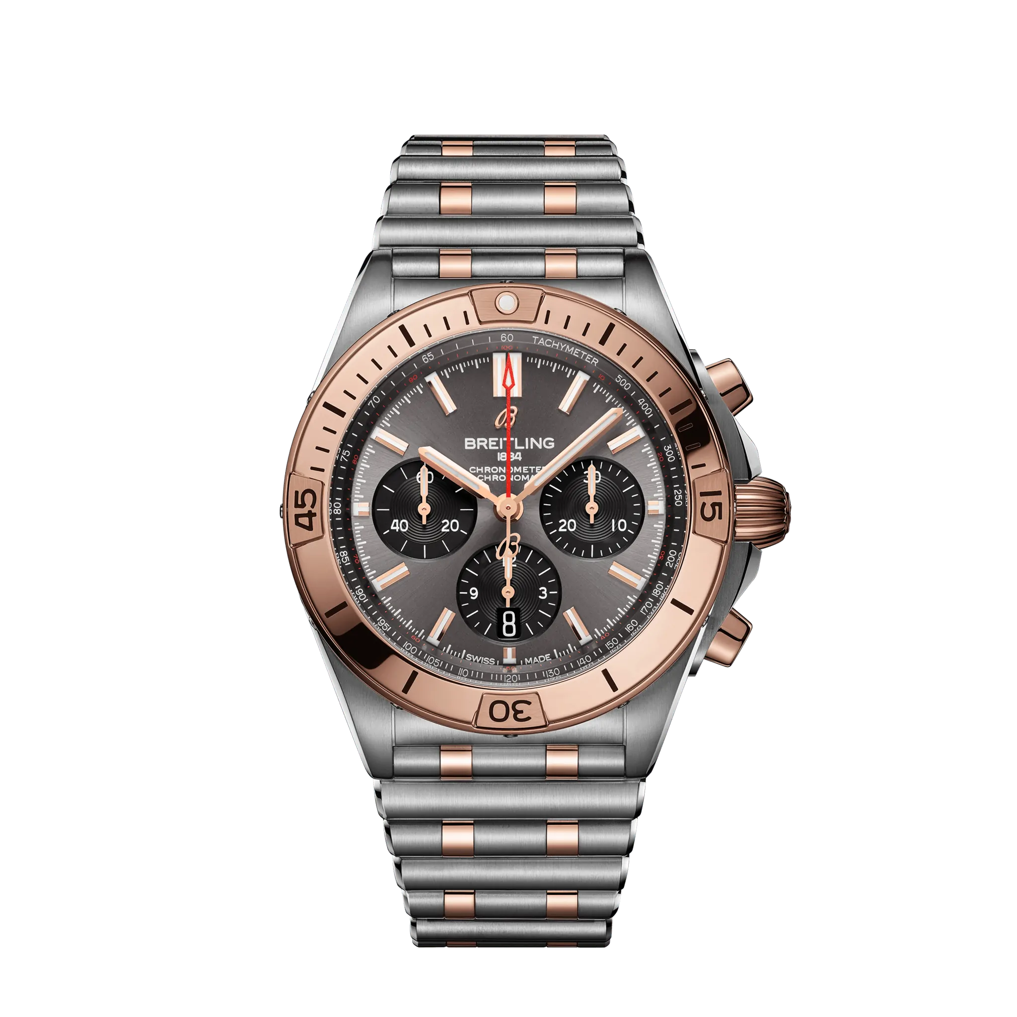 Breitling Chronomat B01 42mm Grey and Black Dial Stainless Steel & 18K Red Gold Metal Bracelet UB0134101B1U1-Breitling Watch with Automatic and Chronograph Functions -