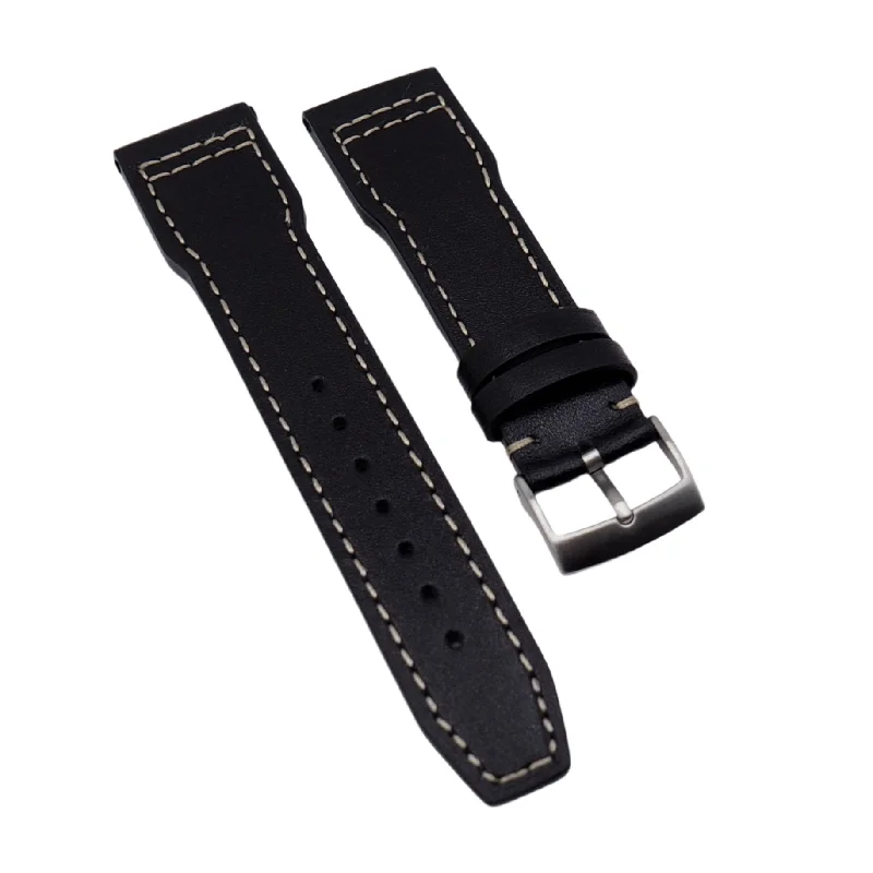 20mm, 21mm Pilot Style Black Italian Calf Leather Watch Strap For IWC, Cream Stitching, Semi Square Tail-IWC Watch for Luxury Collecting -