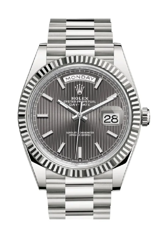 Rolex Day-Date 40 Dark Rhodium Stripe Motif Dial Fluted Bezel White Gold President Automatic Men's Watch 228239 DC-Rolex Watch with Luxurious Accents -