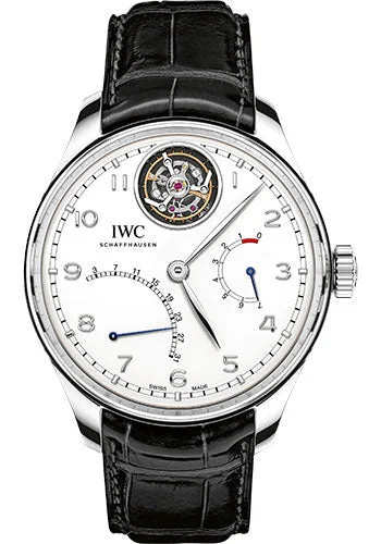 IWC Portugieser Tourbillon Mystere Retrograde Watch - 44.2 mm Platinum Case - Silver Dial - Black Alligator Strap - IW504601-IWC Watch with Chronometer Certification -