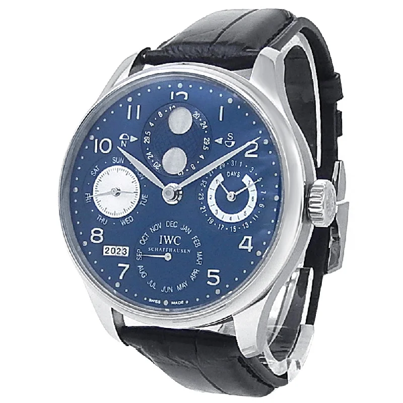 IWC Portuguese Perpetual Calendar 18k White Gold Black Leather Automatic Blue Men's Watch IW503203-IWC Watch with Leather and Steel Strap -