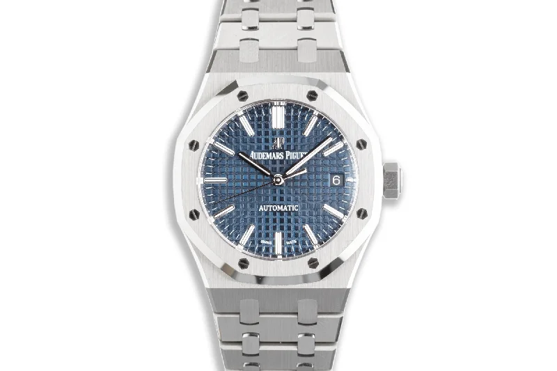 2019 Audemars Piguet 15450ST.OO Royal Oak 37mm St/St Blue Dial Box And Card-Rolex Watch with Black Leather Strap -