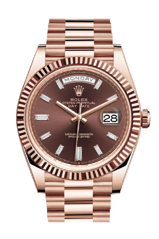 Rolex Day-Date 40 Chocolate 10 Baguette Diamond Dial 18K Rose Gold President Automatic Men's Watch 228235-Rolex Datejust Watch for Men -