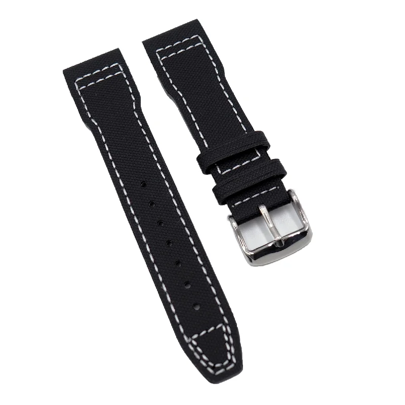 20mm, 21mm Pilot Style Black Fiber Watch Strap For IWC, White Stitching, Semi Square Tail-IWC Watch with Gold Case -