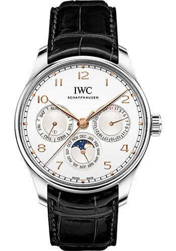 IWC Portugieser Perpetual Calendar 42 - Stainless Steel Case - Silver-Plated Dial - Black Alligator Leather Strap - IW344203-IWC Watch with Moonphase -